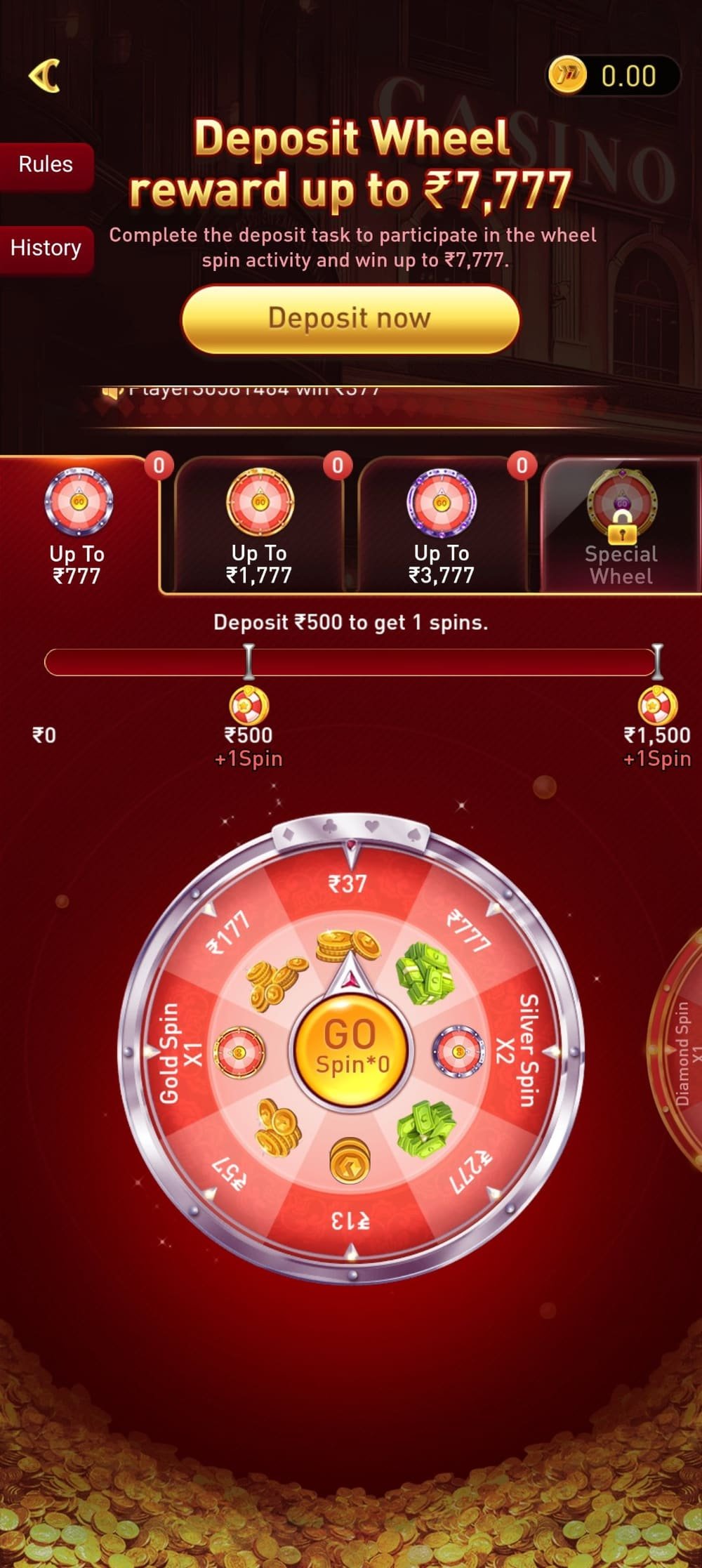 P77 app deposit wheel promotion with tiered wheels and a spin progress bar