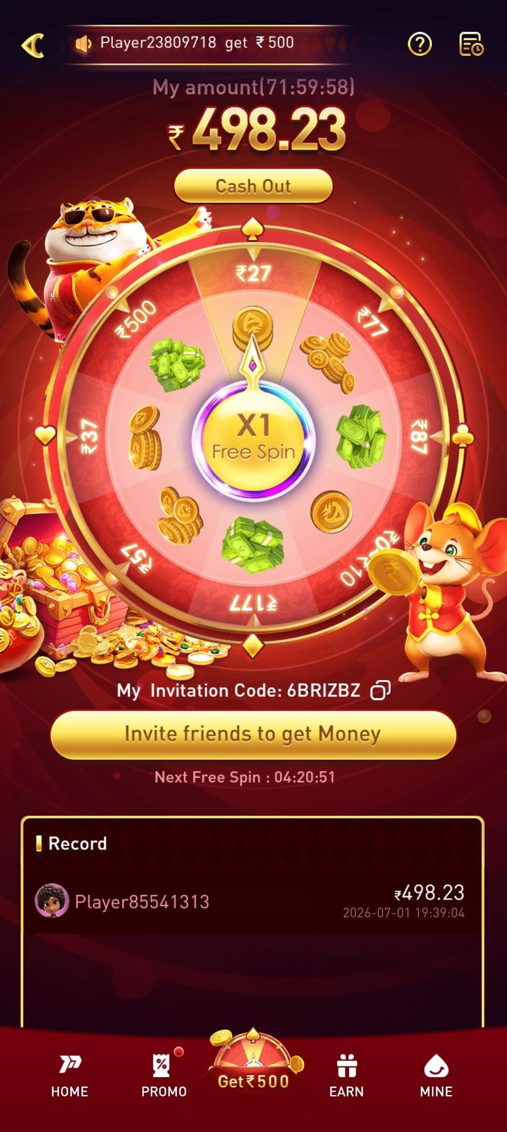 P77 app free spin wheel with invitation code and a record panel