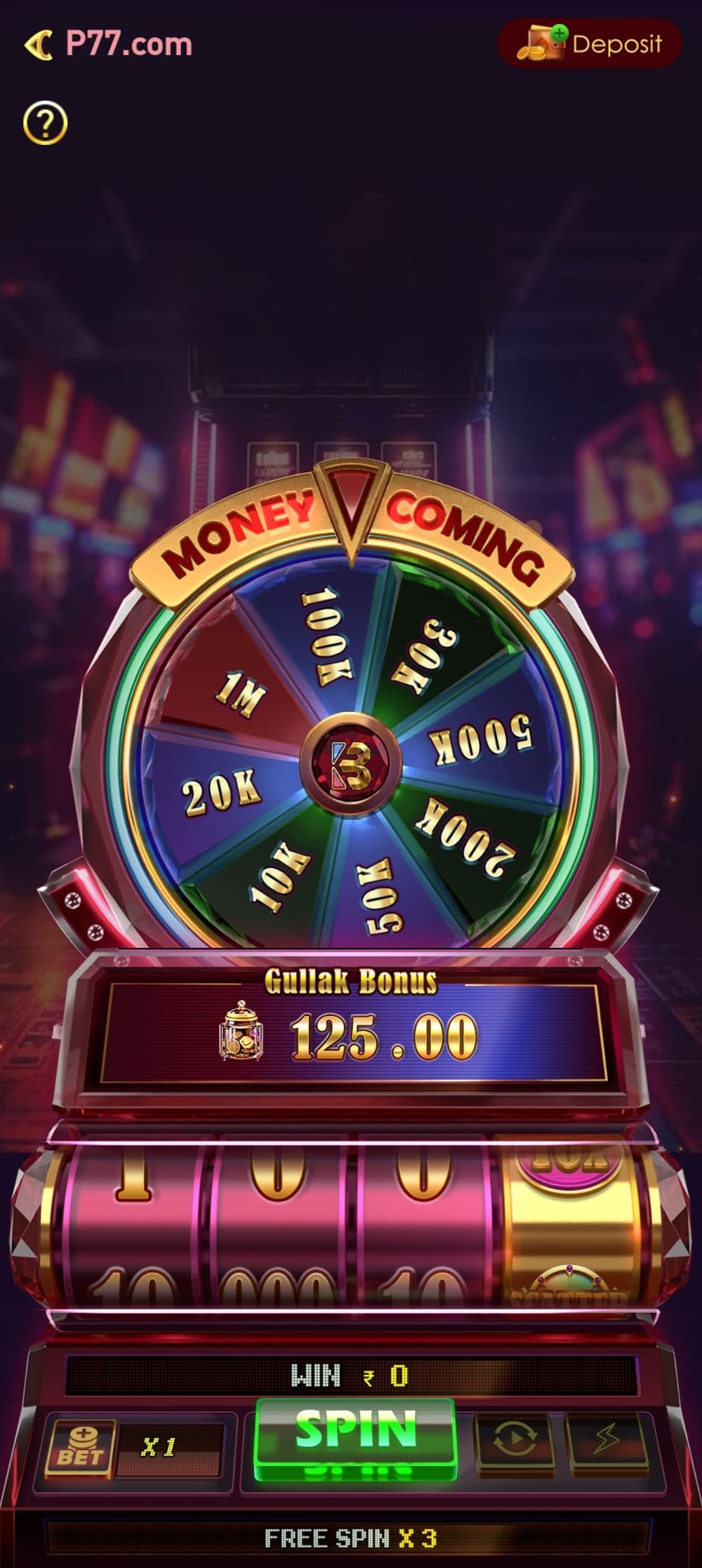 Money Coming game running inside the P77 app with reels, a bonus wheel and a spin button